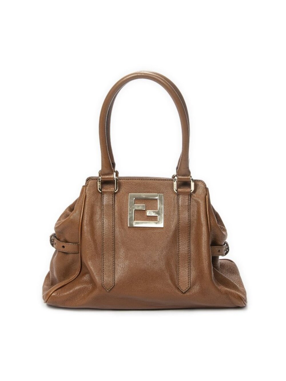 Fendi FF Logo Cutout Clasp Tote Bag Brown Spike Calfskin Leather
